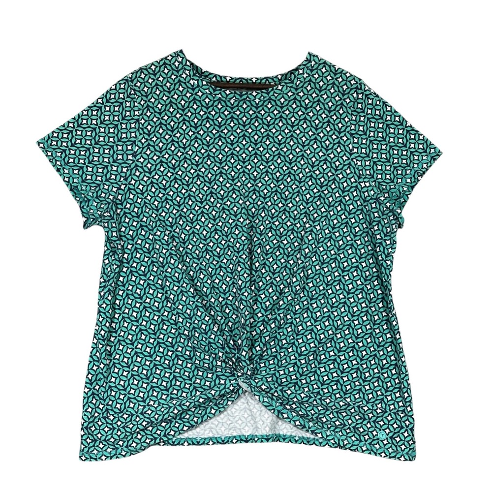 T by Talbots T-Shirt Womens 2X Teal Geometric Twist Front Excellent Stretch Top
